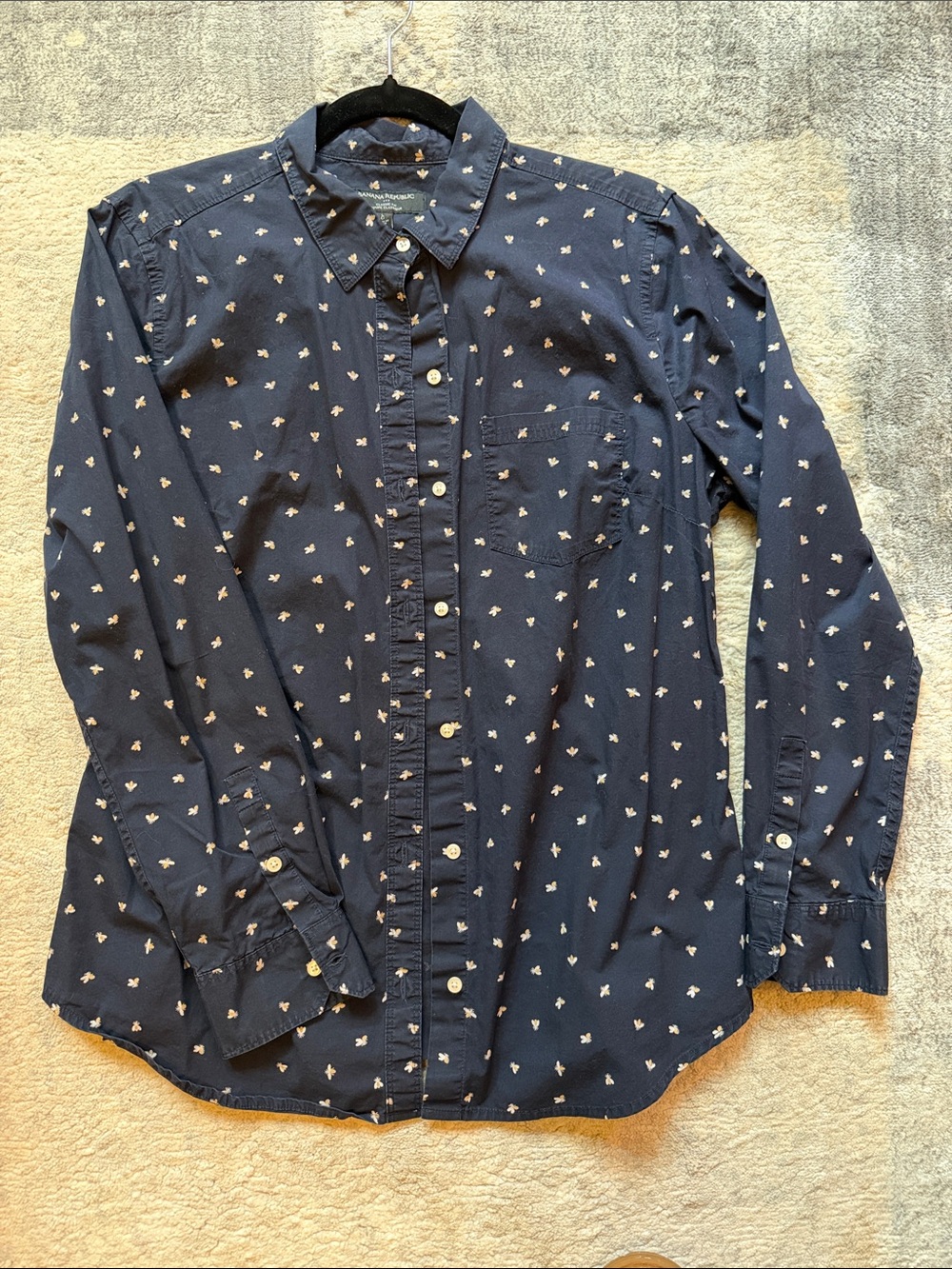 Navy Long-Sleeve Button-Down Honeybee Print Shirt